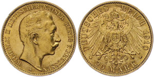Preussen 20 Mark, 1910, Wilhelm II., Kleine ... 