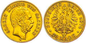 Saxony 20 Mark, 1874, Albert, margin fault, ... 