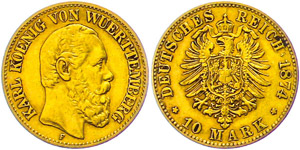Württemberg 10 Mark, 1874, Karl, watermark. ... 