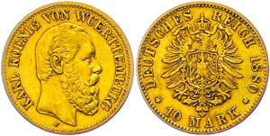 Württemberg 10 Mark, 1880, Karl, watermark. ... 
