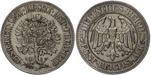 Coins Weimar Republic 5 Mark, 1927, oak ... 