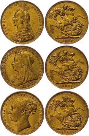 Australia 3 pieces sovereign, 1871.1890 and ... 