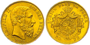 Belgium 20 Franc, 1875, gold, Leopold II., ... 
