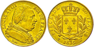 France 20 Franc, 1815 W (Lille), louis ... 