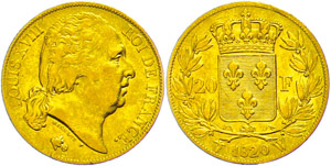France 20 Franc, 1820 W (Lille), louis ... 