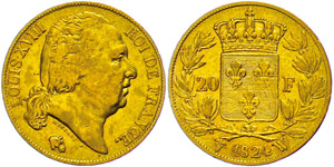 France 20 Franc, 1824 W (Lille), louis ... 