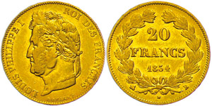 France 20 Franc, 1834 B (Rouen), louis ... 