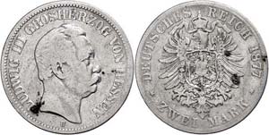 Hesse 2 Mark, 1877, Ludwig III., spotty ... 