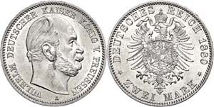 Prussia 2 Mark, 1880, Wilhelm I., extremly ... 