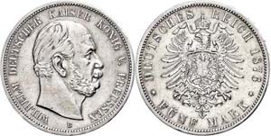Prussia 5 Mark, 1876, B, Wilhelm I., margin ... 