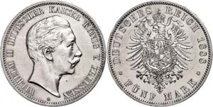 Prussia 5 Mark, 1888, Wilhelm II., edge ... 