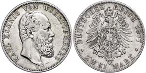 Württemberg 2 Mark, 1877, Karl, small edge ... 