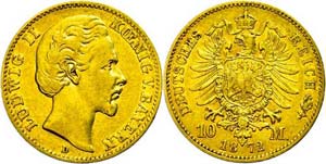 Bayern 10 Mark, 1872, Ludwig II., kl. Rf., ... 