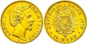 Bavaria 10 Mark, 1878, Ludwig II., small ... 