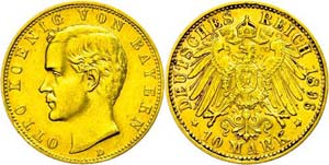 Bavaria 10 Mark, 1896, Otto, very fine to ... 