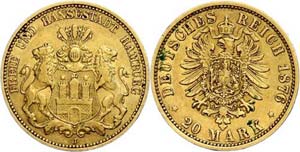 Hamburg 20 Mark, 1876, Stadtwappen, ss., ... 
