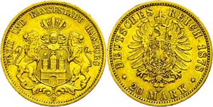 Hamburg 20 Mark, 1878, kl. Rf., ss., ... 