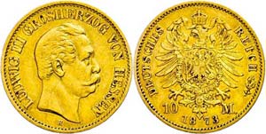 Hessen 10 Mark, 1873, Ludwig III., wz. Rf., ... 