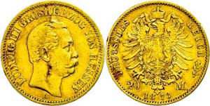 Hesse 20 Mark, 1873, Ludwig III., edge nick, ... 