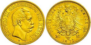 Hesse 20 Mark, 1873, Ludwig III., small edge ... 