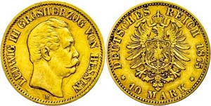 Hesse 10 Mark, 1875, Ludwig III., watermark. ... 