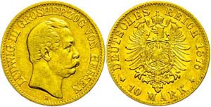 Hesse 10 Mark, 1876, Ludwig III., watermark. ... 