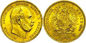Prussia 10 Mark, 1872, Wilhelm I., coin sign ... 