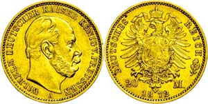 Prussia 20 Mark, 1872, A, Wilhelm I., small ... 