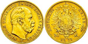 Prussia 20 Mark, 1873, C, Wilhelm I., small ... 