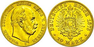 Prussia 10 Mark, 1875, C, Wilhelm I., small ... 