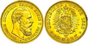 Prussia 10 Mark, 1888, Friedrich III., small ... 