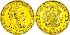 Preußen 20 Mark, 1888, Friedrich III., kl. ... 