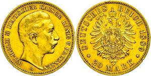 Prussia 20 Mark, 1889, Wilhelm II., edge ... 