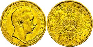 Prussia 20 Mark, 1893, Wilhelm II., Mzz A, ... 