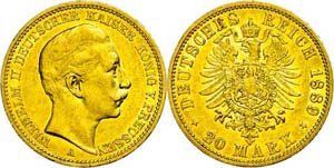 Prussia 20 Mark, 1889, Wilhelm II., Mzz A, ... 