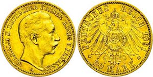 Prussia 20 Mark, 1891, Wilhelm II., edge ... 
