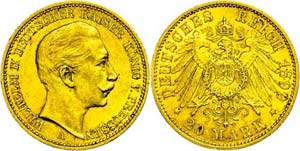Prussia 20 Mark, 1899, Wilhelm II., Mzz A, ... 