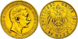 Prussia 20 Mark, 1901, Wilhelm II., Mzz A, ... 
