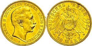 Prussia 20 Mark, 1904, Wilhelm II., Mzz A, ... 