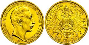 Prussia 20 Mark, 1912, Wilhelm II., Mzz A, ... 