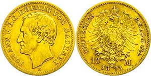 Saxony 10 Mark, 1873, Johann, very fine., ... 