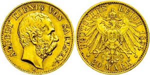 Saxony 20 Mark, 1894, Albert, very fine., ... 