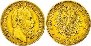 Württemberg 10 Mark, 1875, Karl, small edge ... 