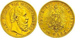 Württemberg 10 Mark, 1880, Karl, very ... 