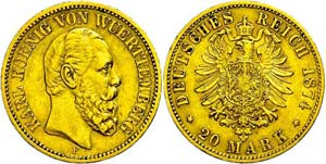 Württemberg 20 Mark, 1874, Karl, ss+., ... 