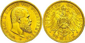 Württemberg 20 Mark, 1900, Wilhelm II., kl. ... 
