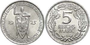 Münzen Weimar 5 Mark, 1925, 1000 Jahre ... 