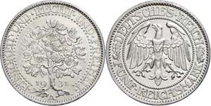 Münzen Weimar 5 Mark, 1931, Eichbaum, ... 