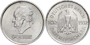 Münzen Weimar 3 Mark, 1932, Goethe, ... 