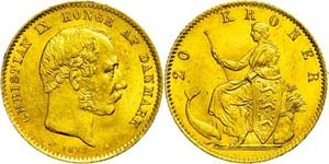 Denmark 20 Kroner, Gold, 1877, Christian IX, ... 